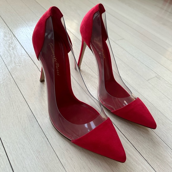 Gianvito Rossi Red Suede and PVC Plexi Pump Size 37.5 - Picture 1 of 8